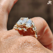 eco-friendly bridal ring | radiant moissanite leaf | three stone moissanite
