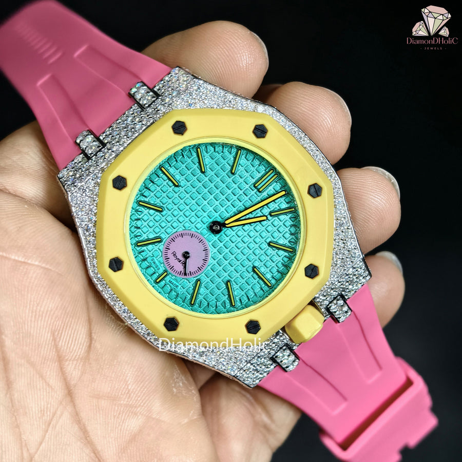Men’s Iced Out Moissanite Watch Round Face with Two-Men’s Diamond Iced-Out Luxury Watch, Turquoise Textured Dial, Yellow Bezel, Pink Rubber Strap, Custom Hip Hop Statement WatchSteel Design