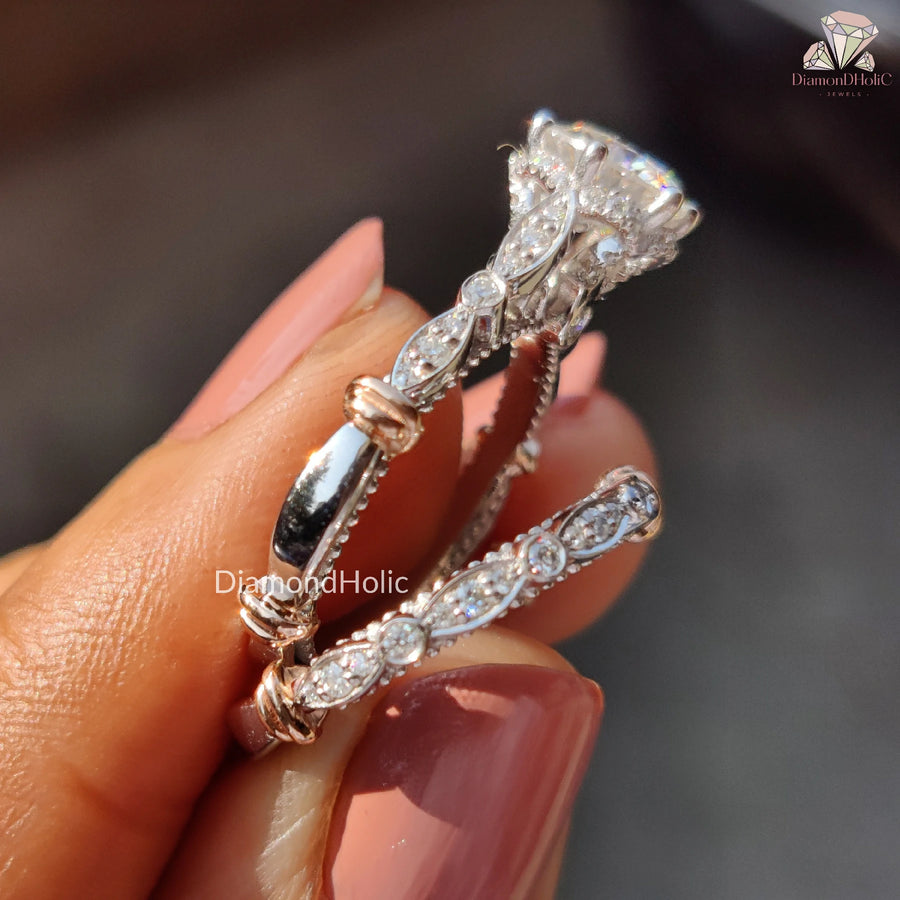 Stunning Vintage Inspired Engagement Set | Unique Round Cut Diamond Gift | Elegant Moissanite Anniversary Band