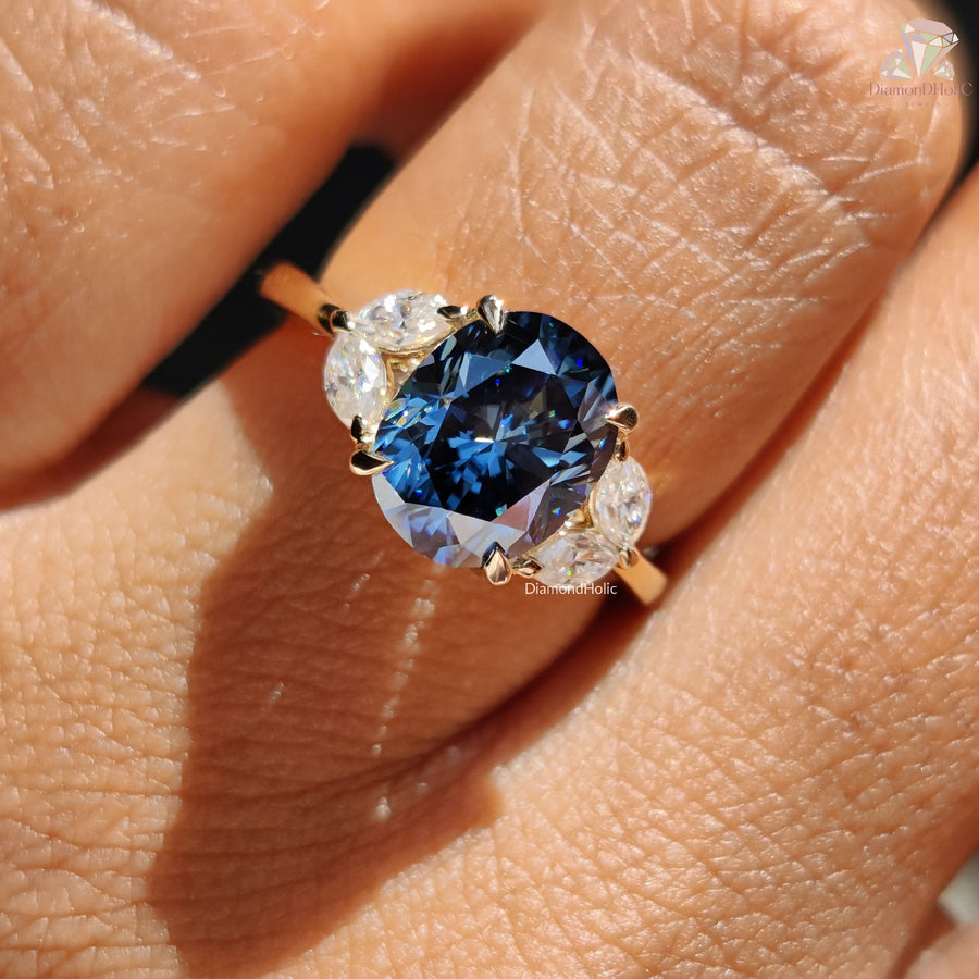 Royal Blue Oval Cut Moissanite Five Stone-Vintage Engagement Ring