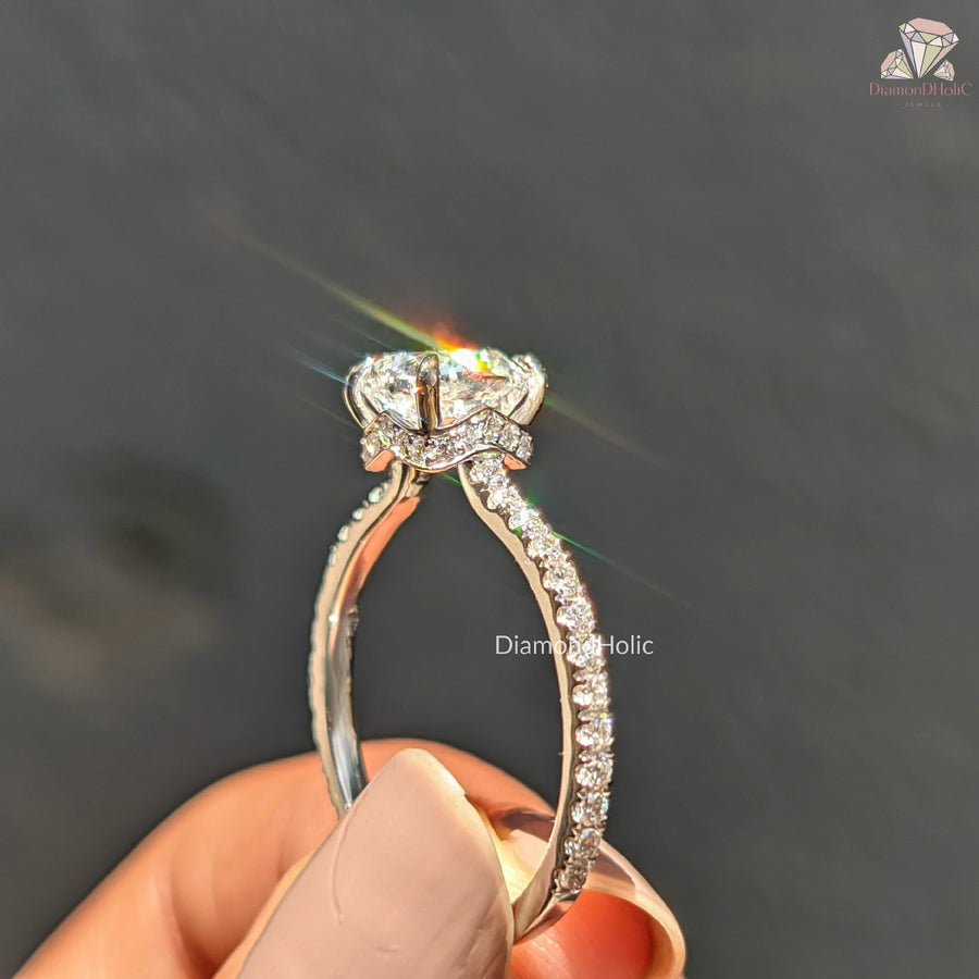 Cushion Cut Lab Grown Diamond Hidden Halo Engagement Ring