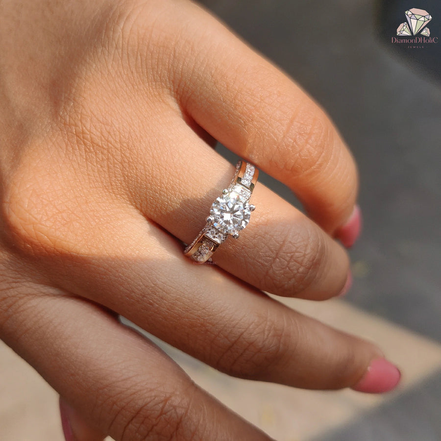 Round Cut Lab Grown Diamond Channel Setting Pave Engagement Ring