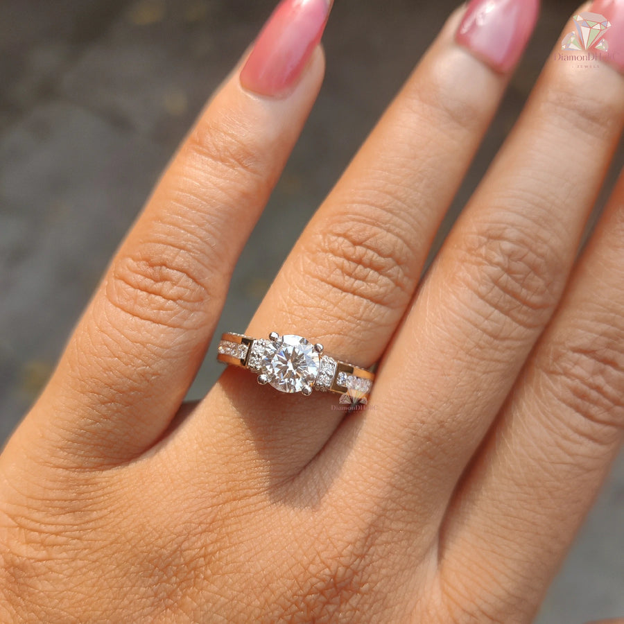 Round Cut Lab Grown Diamond Channel Setting Pave Engagement Ring