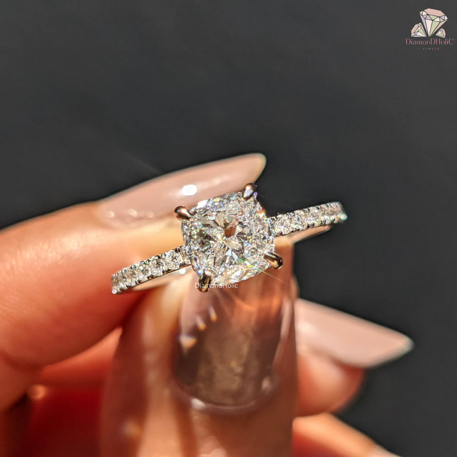 Cushion Cut Lab Grown Diamond Hidden Halo Engagement Ring