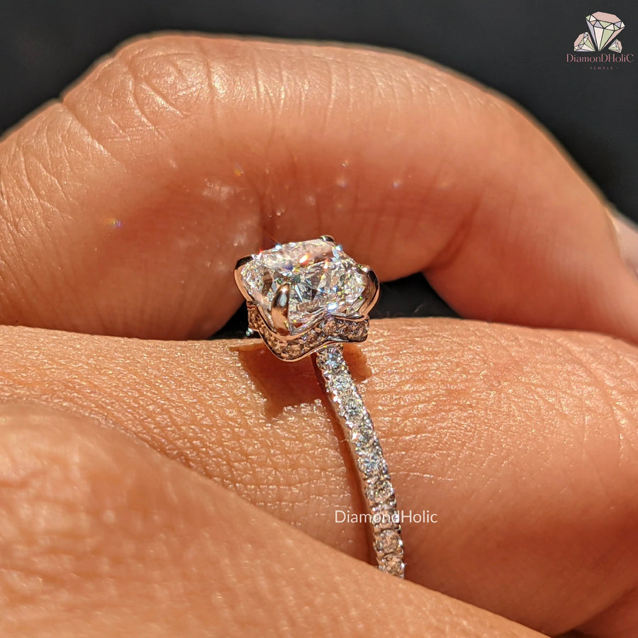 Cushion Cut Lab Grown Diamond Hidden Halo Engagement Ring