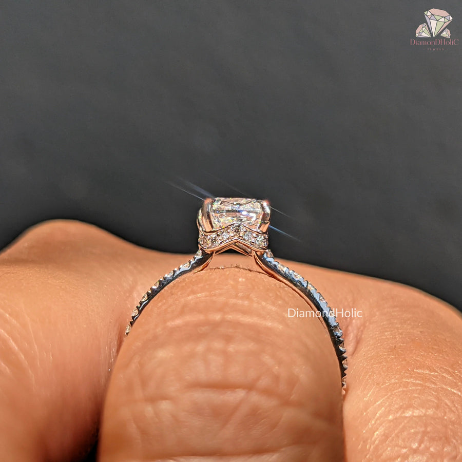 Cushion Cut Lab Grown Diamond Hidden Halo Engagement Ring