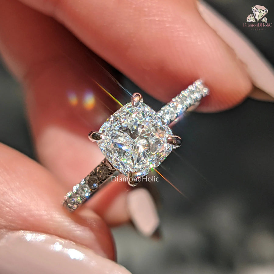 Cushion Cut Lab Grown Diamond Hidden Halo Engagement Ring