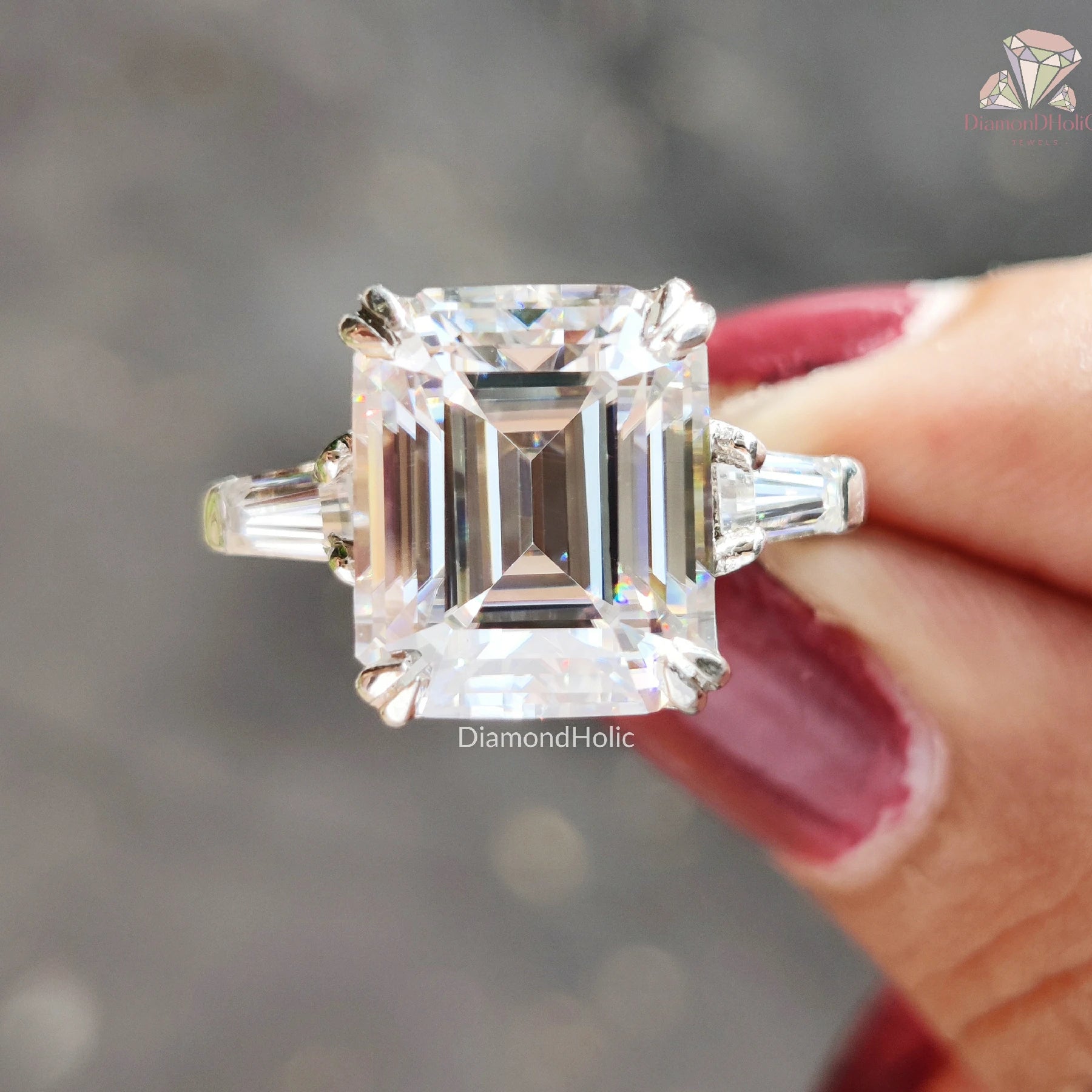 Emerald Cut Moissanite Ring | Baguette Three Stone Band | Elegant Gift For Her

