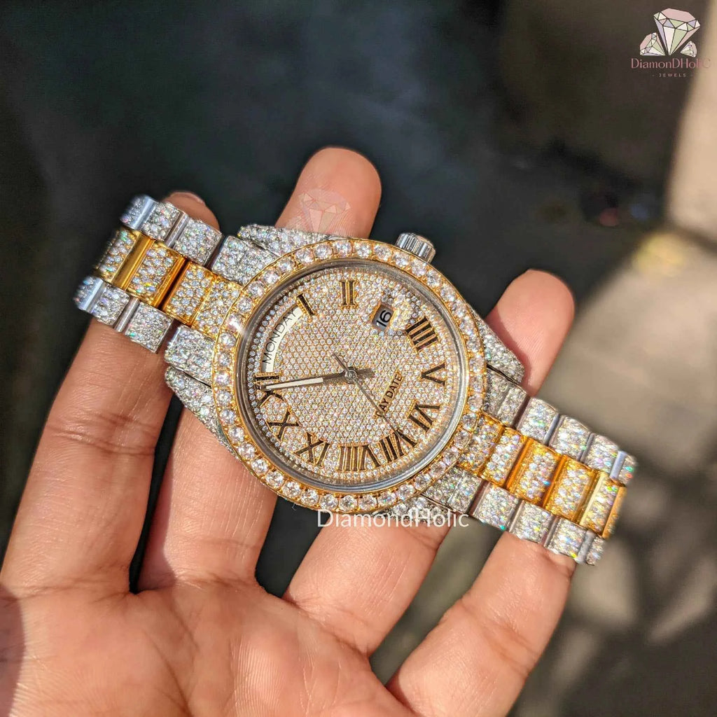 Bust Down Moissanite Watch – Yellow Tone Roman Dial Iced Out for