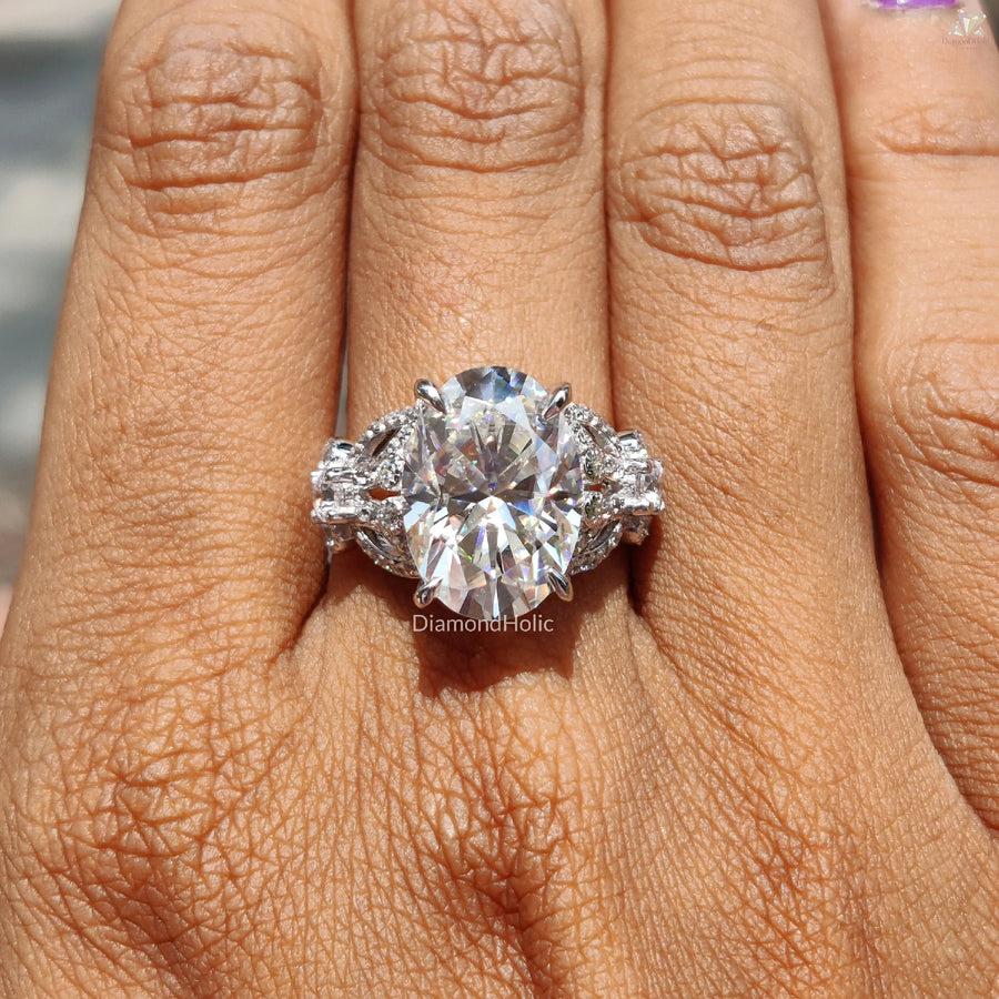 Oval Cut Moissanite Ring | Butterfly Pave Design | Elegant Love Jewelry

