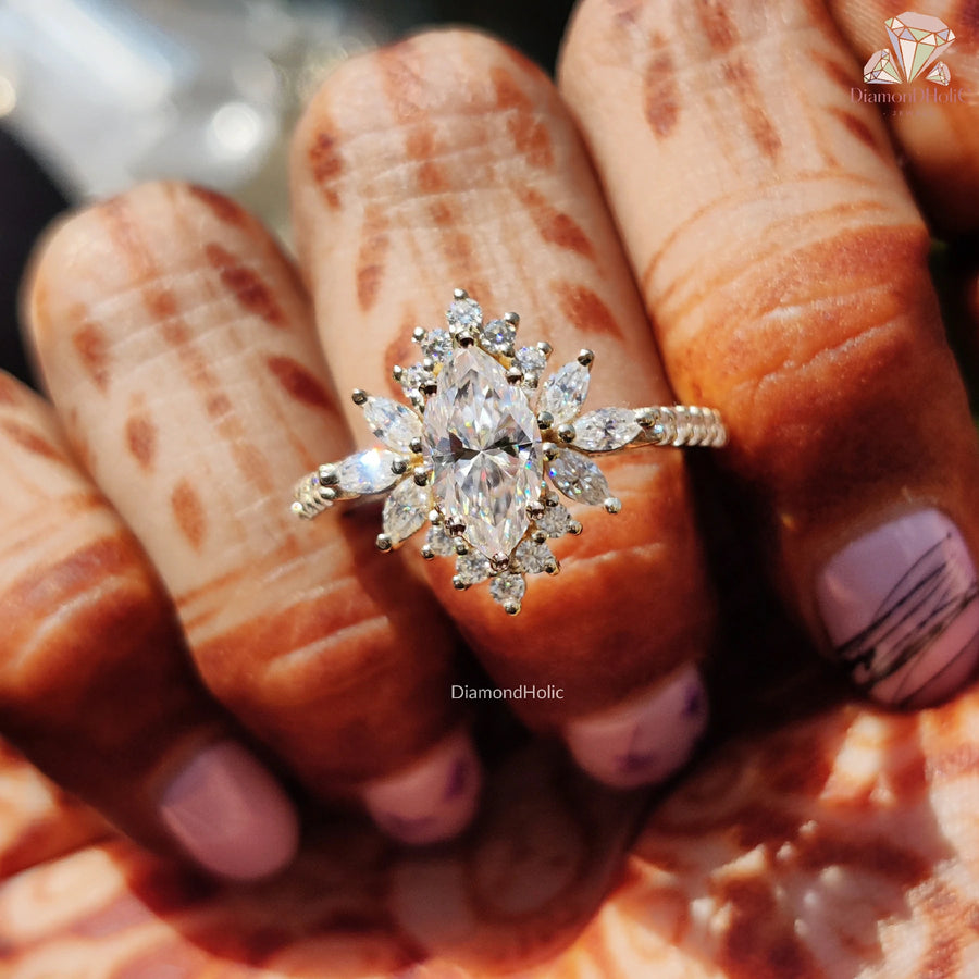 gold plated moissanite ring | halo cluster moissanite | bridal floral jewelry
