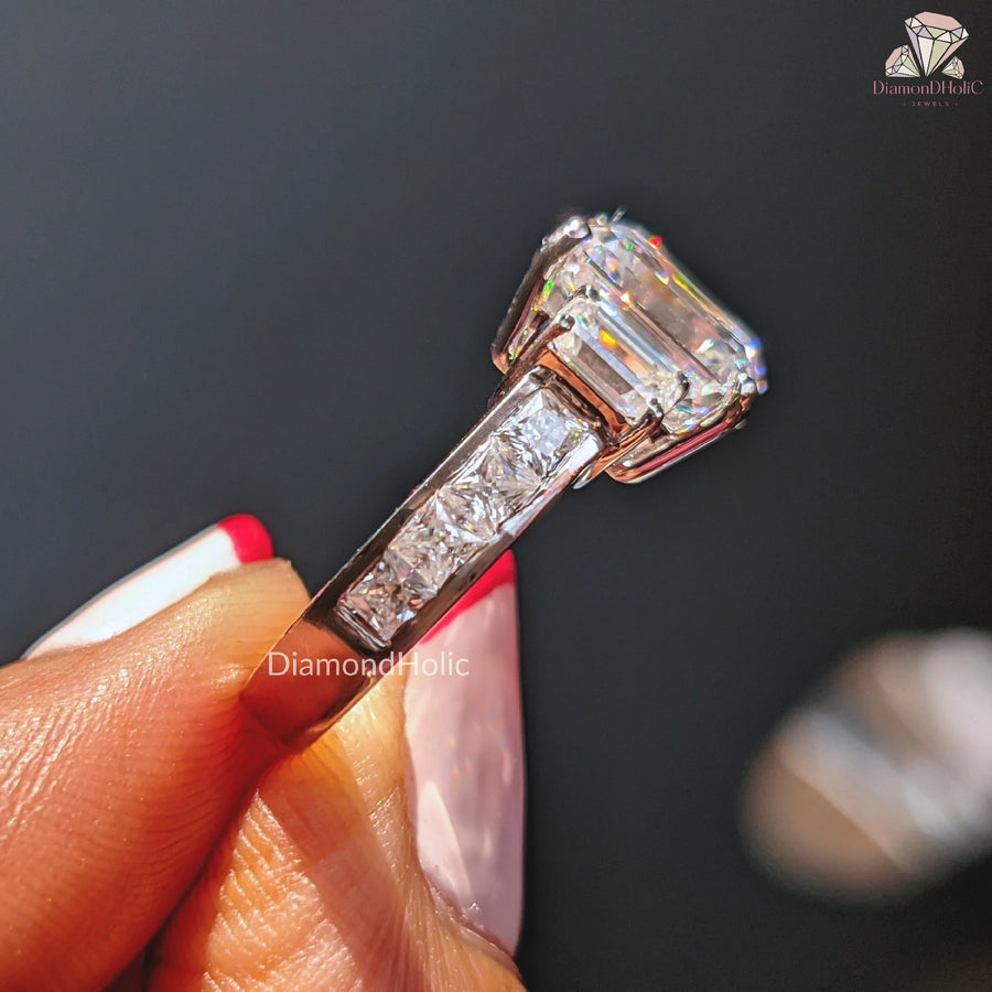 Emerald Cut Moissanite Three Stone Baguette Side Stones with Channel Set  Engagement Ring
