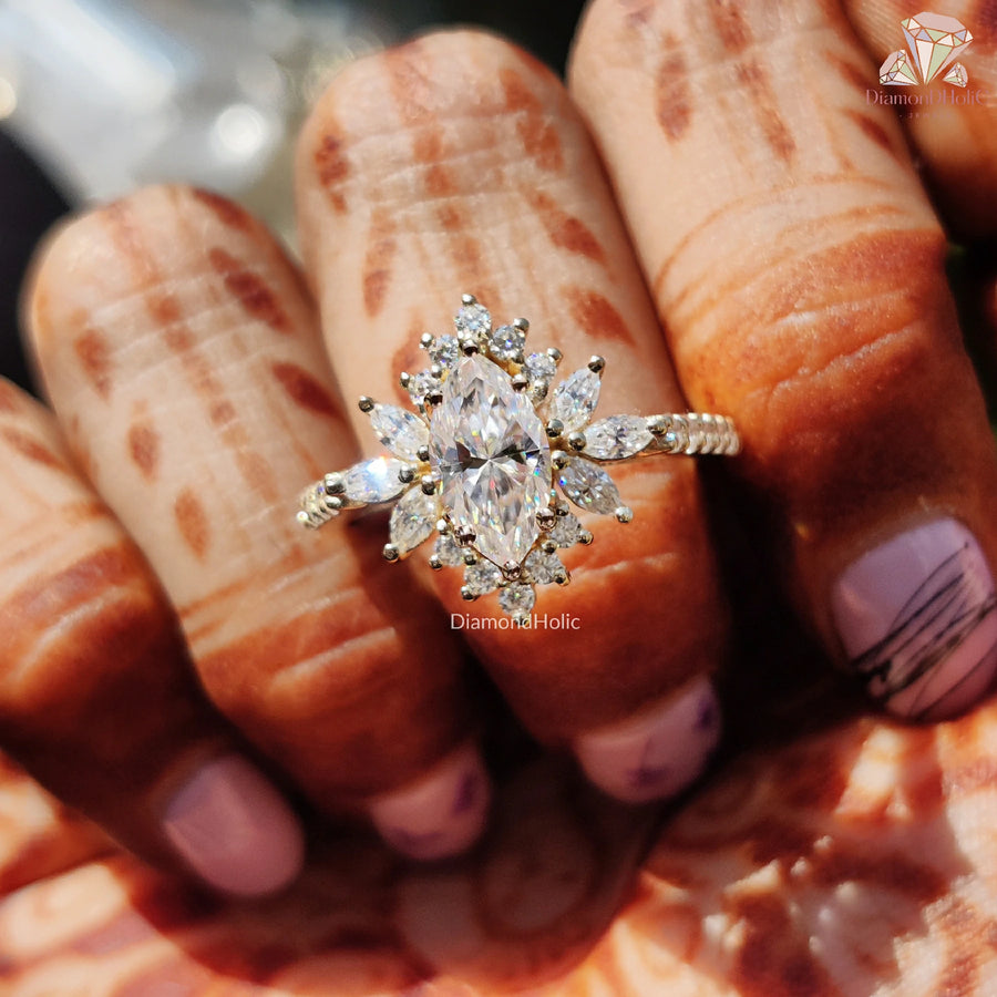 luxury cluster ring gold | engagement ring floral | moissanite wedding jewelry
