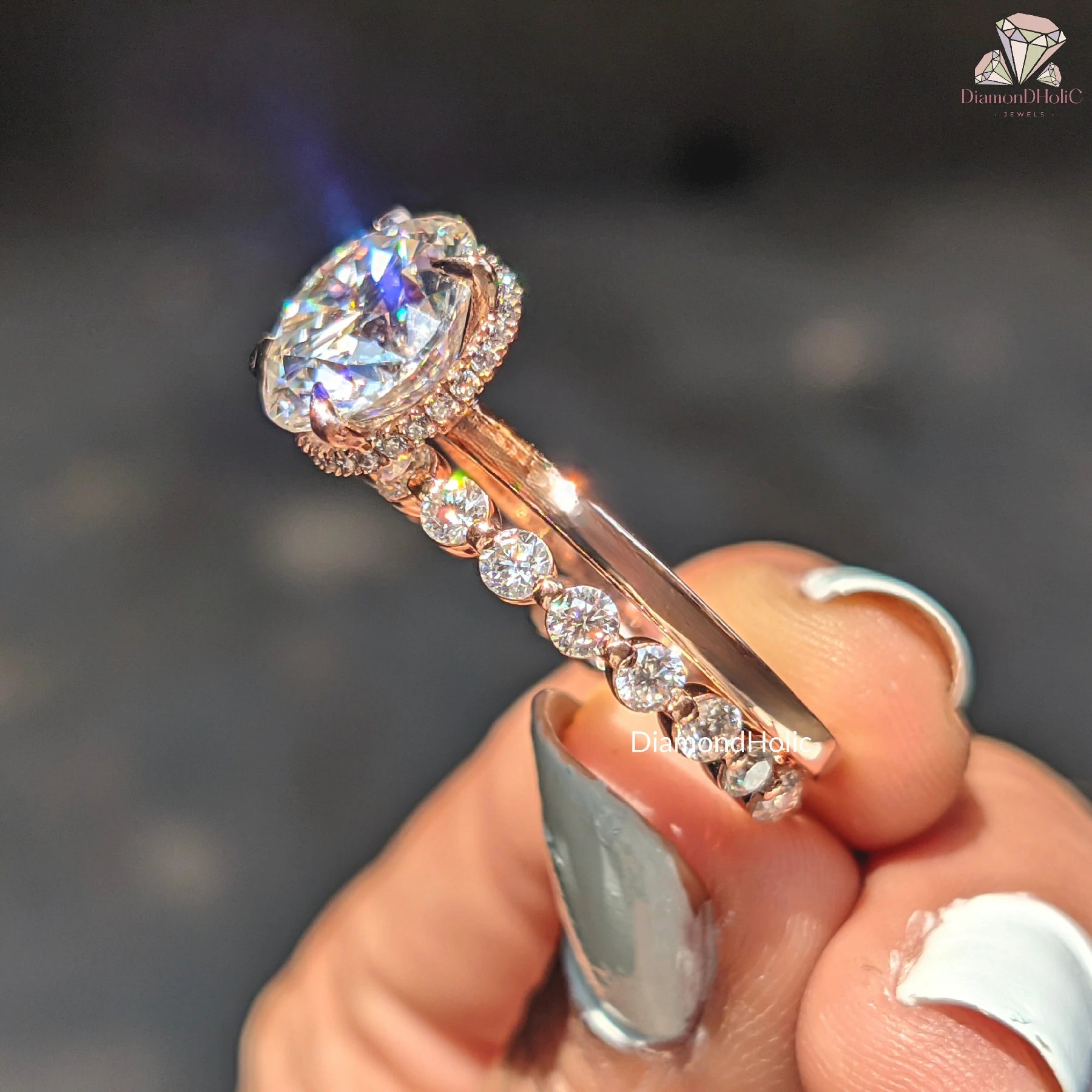 moissanite bridal set | rose gold moissanite ring | round cut moissanite

