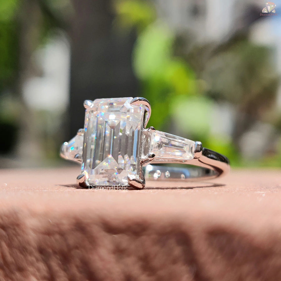 Classic Moissanite Ring Gift | Emerald Baguette Engagement | Love Three-Stone Ring

