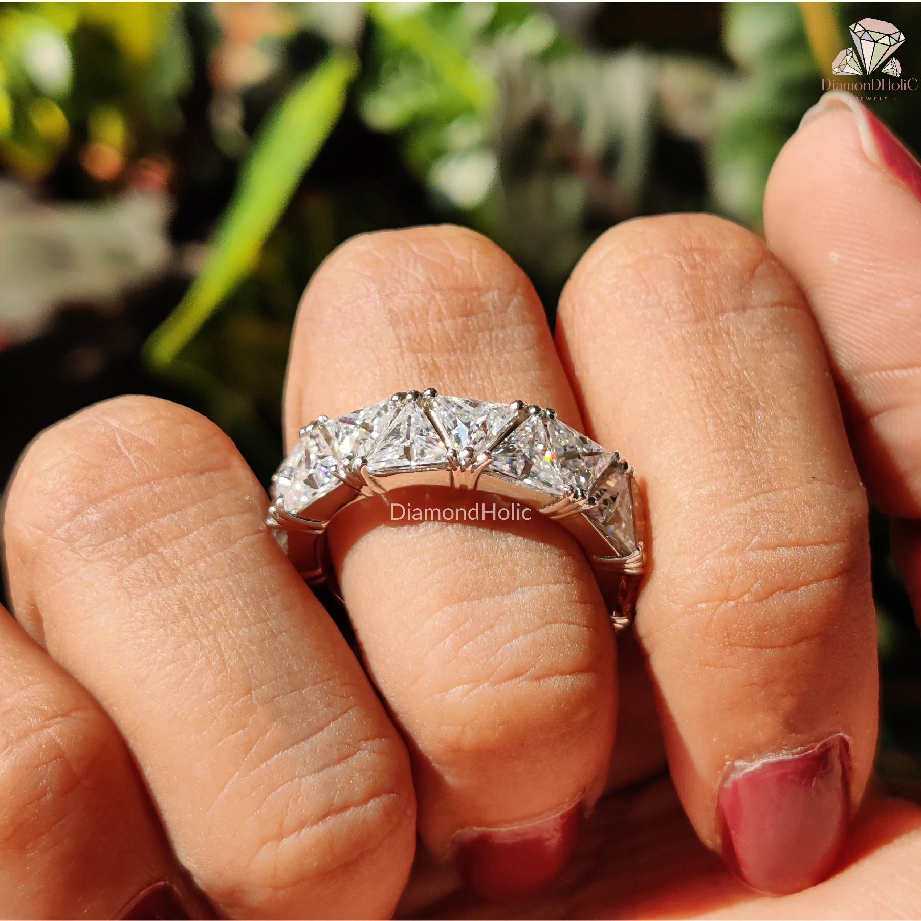 trillion cut moissanite ring | full eternity moissanite band | white gold moissanite ring
