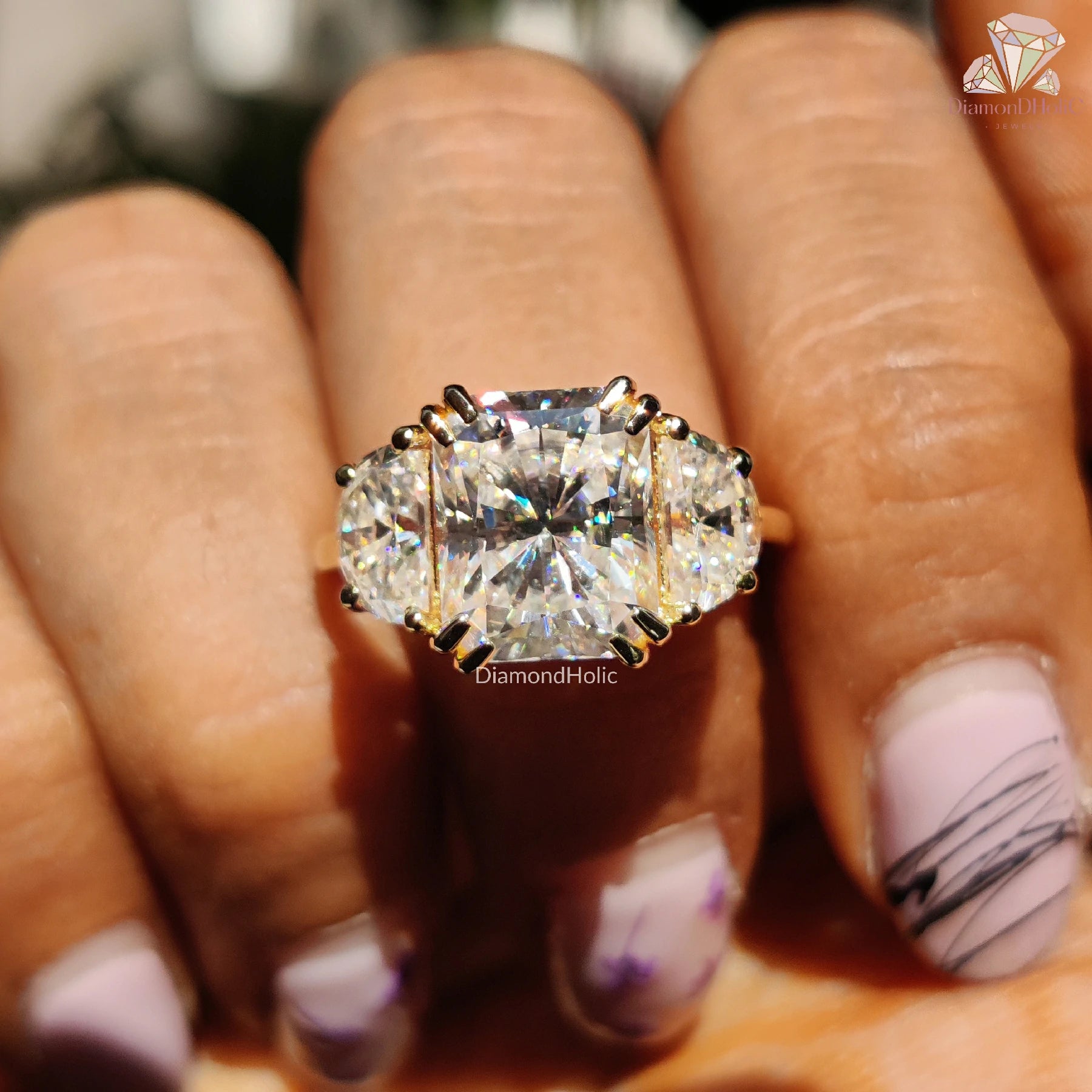 Radiant Cut with Half Moon Side Stone Moissanite Ring – Three-Stone