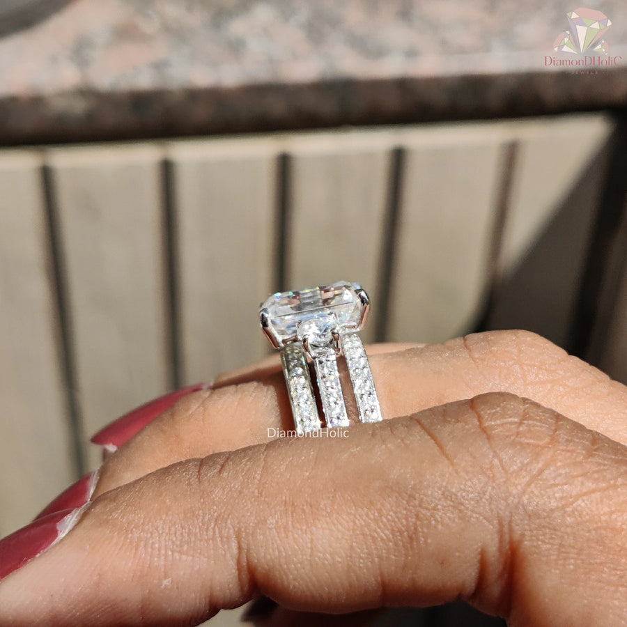 Elegant Emerald Cut Jewelry | Stunning Three Ring Design | Radiant Moissanite Wedding Set