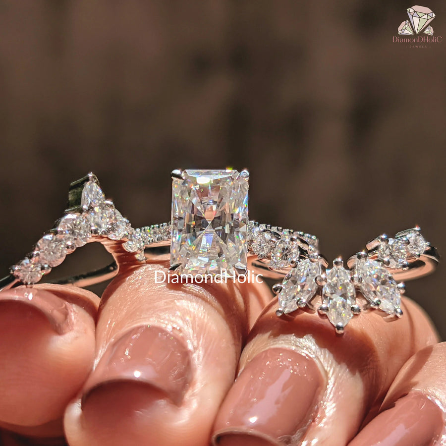 radiant center stone ring | modern bridal set | unique wedding bands
