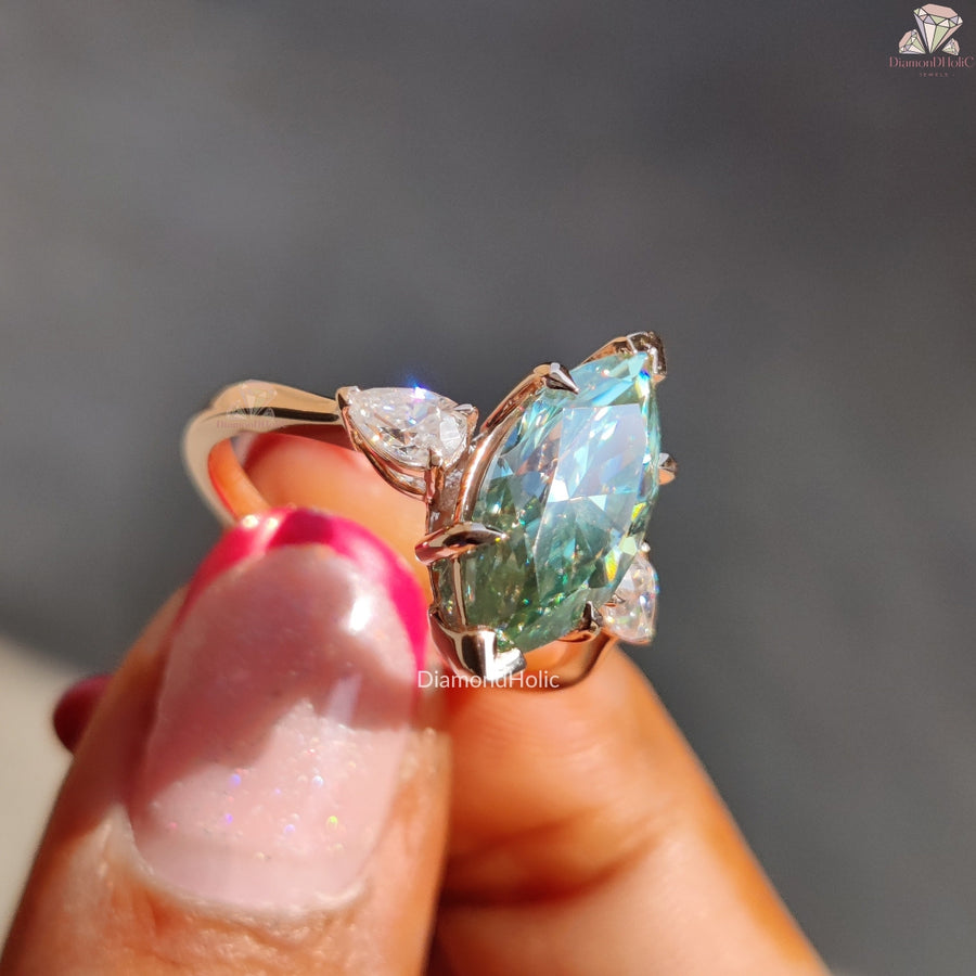 Cyan Blue Marquise Cut Moissanite Ring, Three Stone Christmas Gift For Her