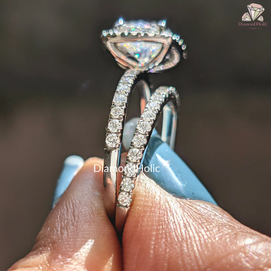 white gold moissanite ring | bridal moissanite set | cushion halo ring
