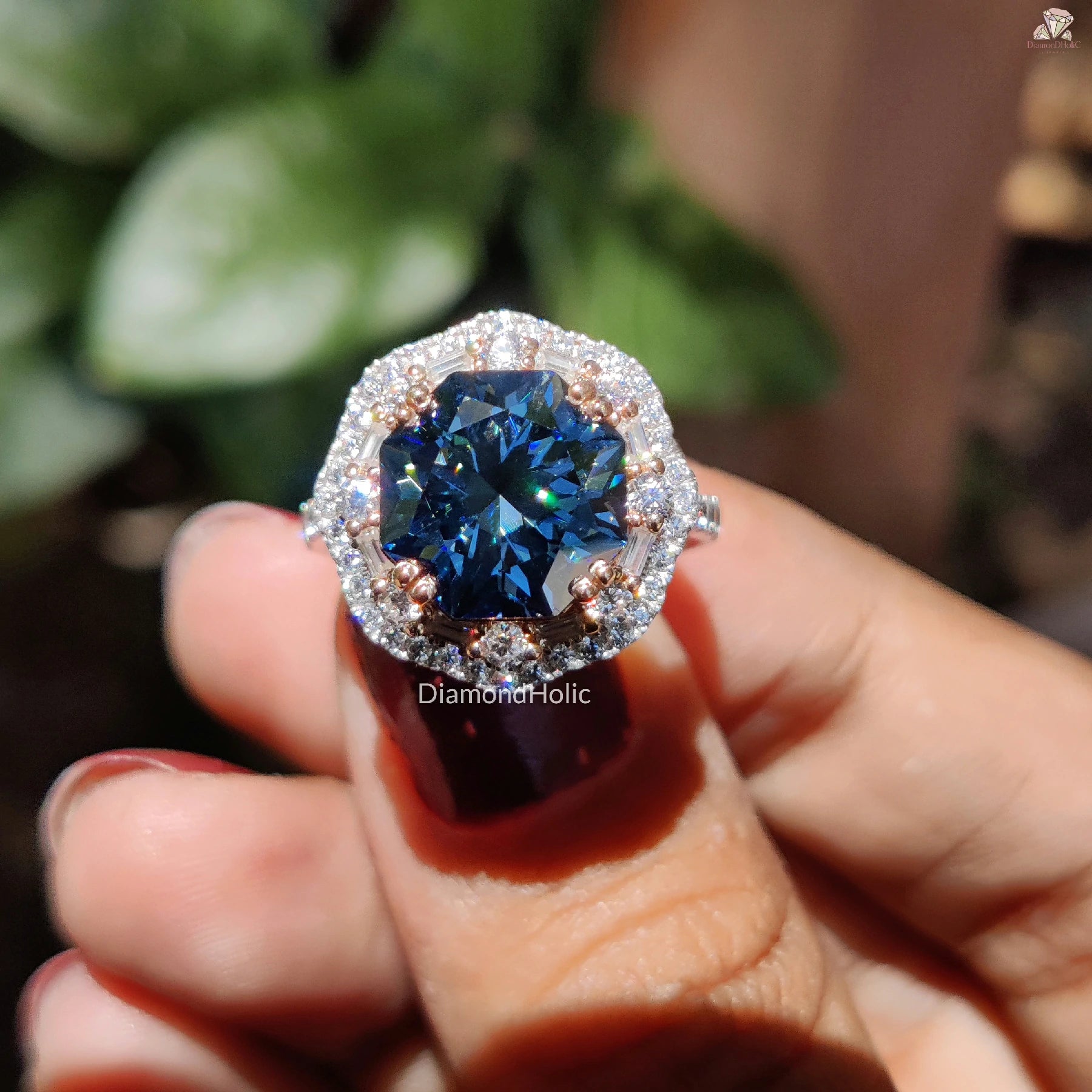 Royal Blue Diamond Ring | Elegant Octa Moissanite | Halo Bridal Ring

