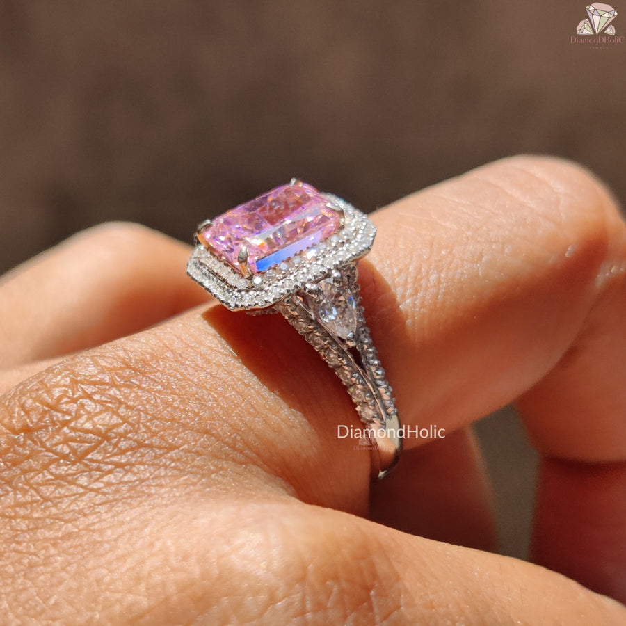 Pink Radiant Cut CZ Stone Halo Ring, Color Stone Engagement Ring
