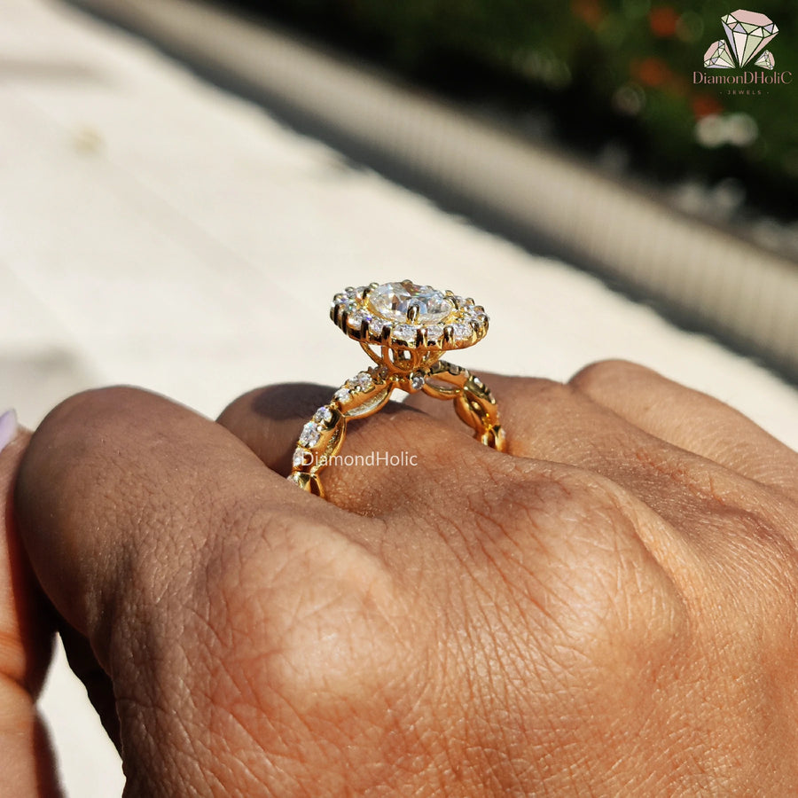 moissanite center stone | round halo ring | gold ring with petals
