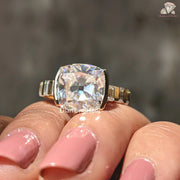 moissanite engagement ring | baguette side stone ring | cushion cut ring
