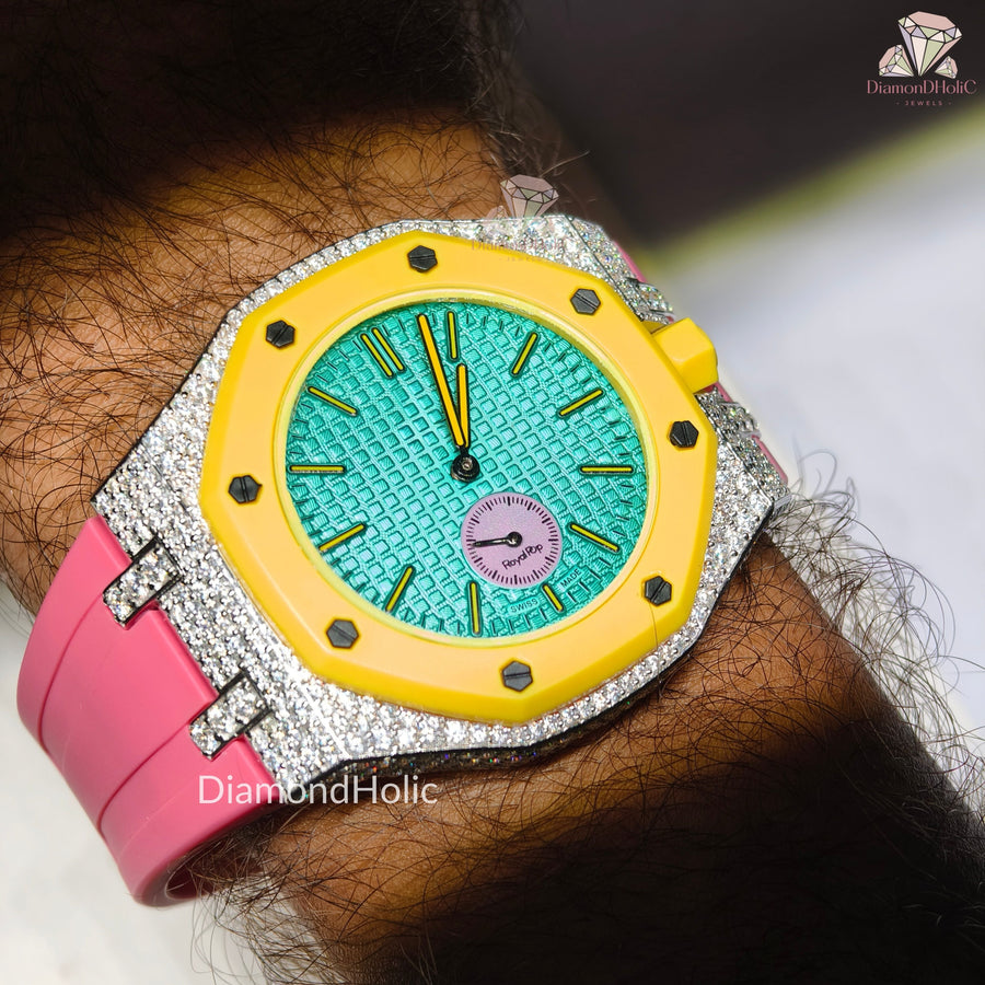 Men’s Iced Out Moissanite Watch Round Face with Two-Men’s Diamond Iced-Out Luxury Watch, Turquoise Textured Dial, Yellow Bezel, Pink Rubber Strap, Custom Hip Hop Statement WatchSteel Design