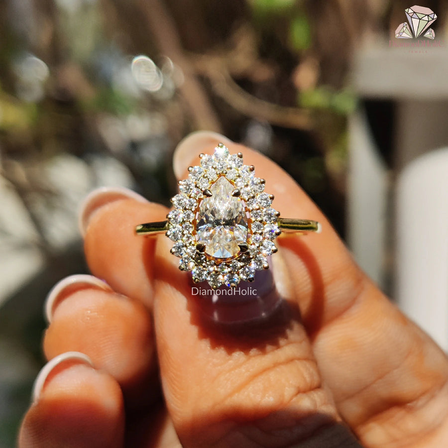 vintage moissanite ring | unique pear engagement | gold halo moissanite
