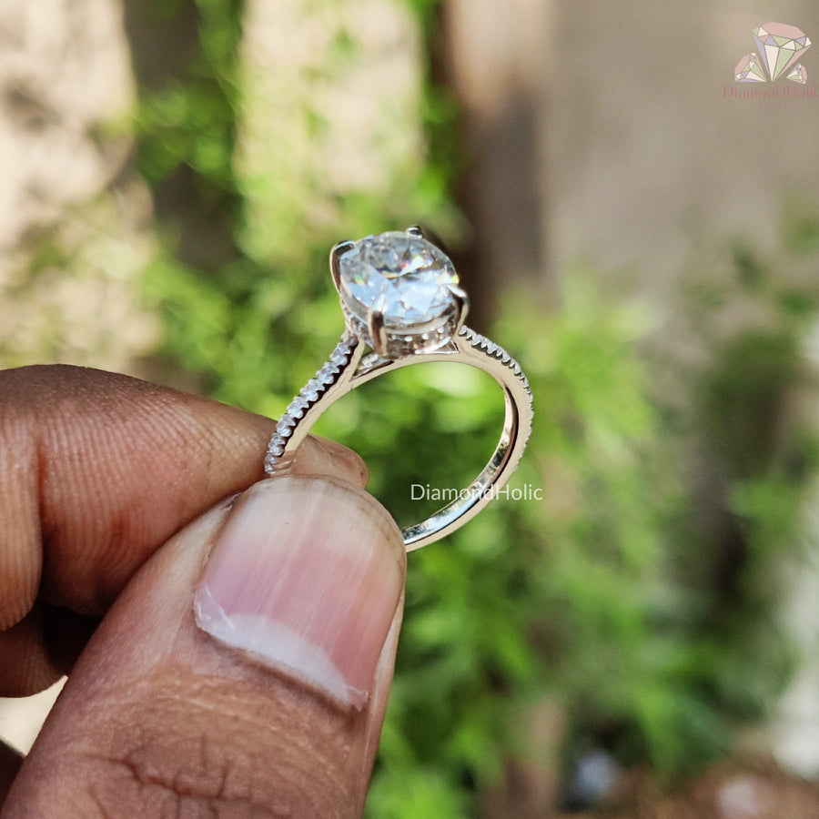 Anniversary Promise Ring | Oval Solitaire Engagement | Pave Accent Jewelry

