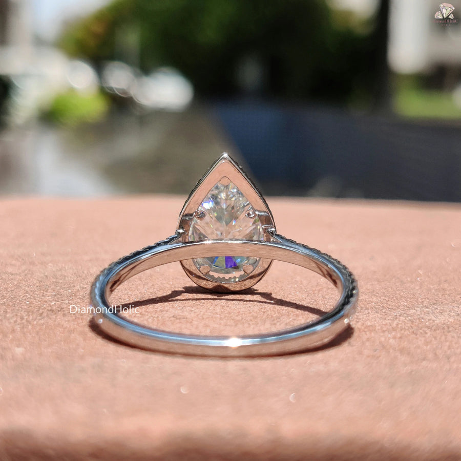 Pear Cut Moissanite Ring | Halo Engagement Jewelry | Pave Design Gift

