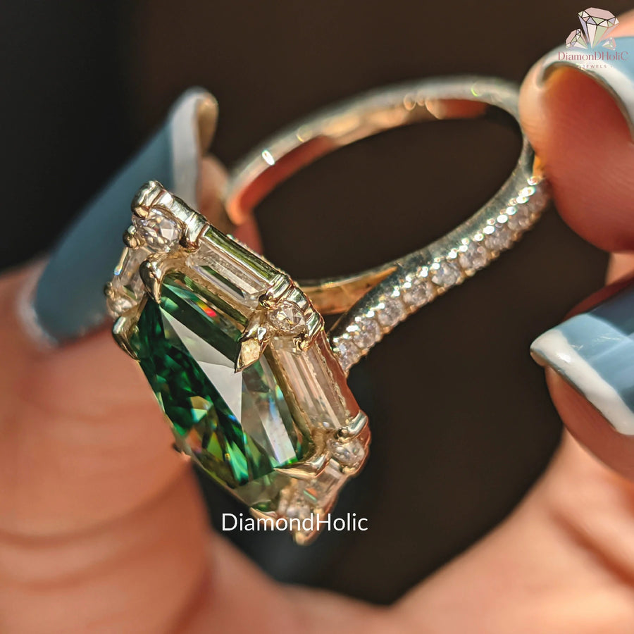 teal green moissanite ring | marquise baguette ring
green moissanite bridal