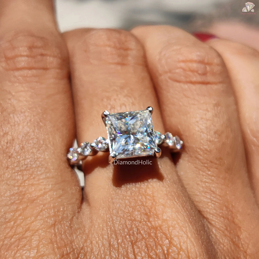 Princess Cut Moissanite Ring | Unique Pave Promise Band | Gift for Her

