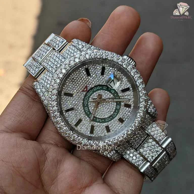 VVS1 Moissanite Men’s Watch – Iced Out White Dial with Hour Markers