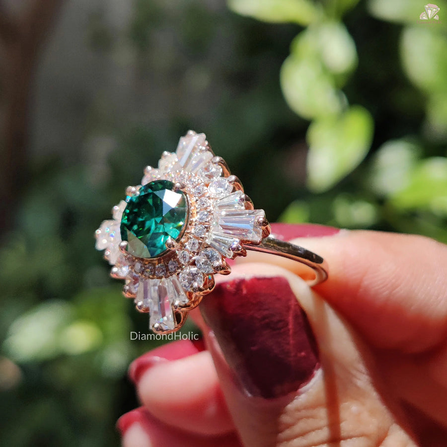 Green Moissanite Love Ring | Vintage Inspired Setting | Round Cut Sparkle

