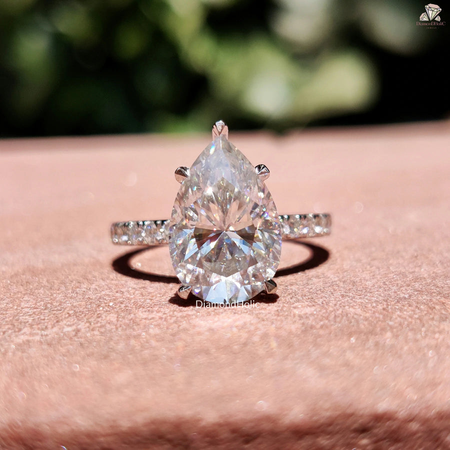 Dainty Moissanite Halo Ring | Pear Cut Pave Band Design | Gift for Her

