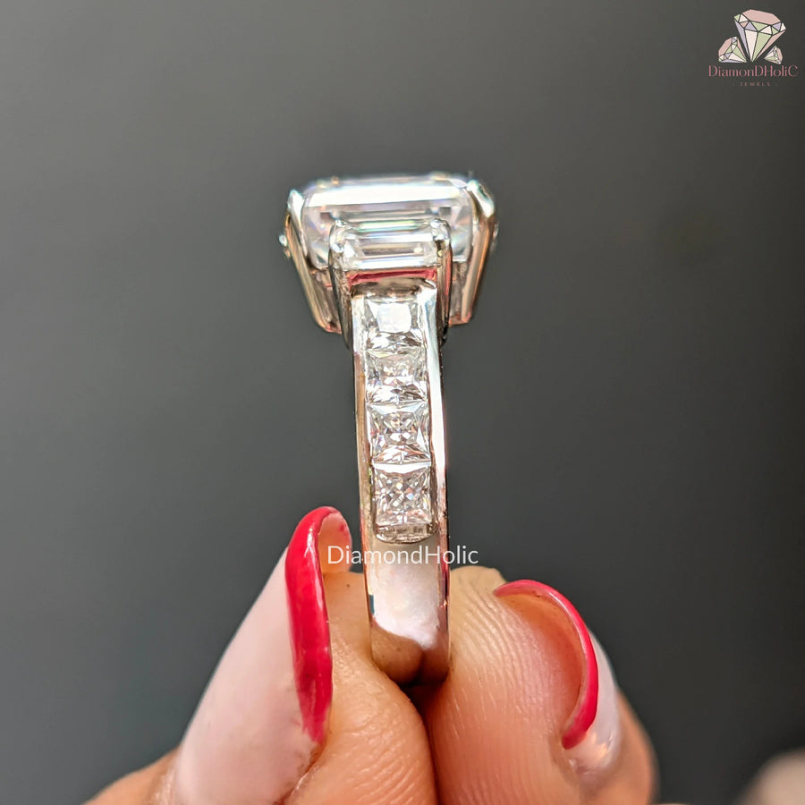 Emerald Cut Moissanite Three Stone Baguette Side Stones with Channel Set  Engagement Ring