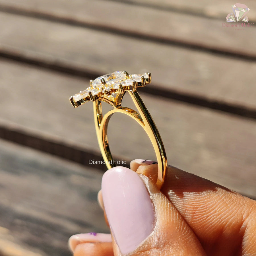 Oval Cut Starburst Halo Moissanite Solitaire Ring – Unique