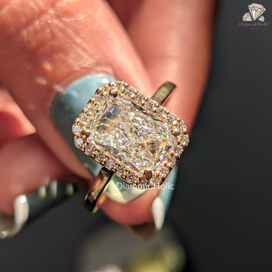 lab grown wedding band | radiant cushion halo | handcrafted lab jewelry
