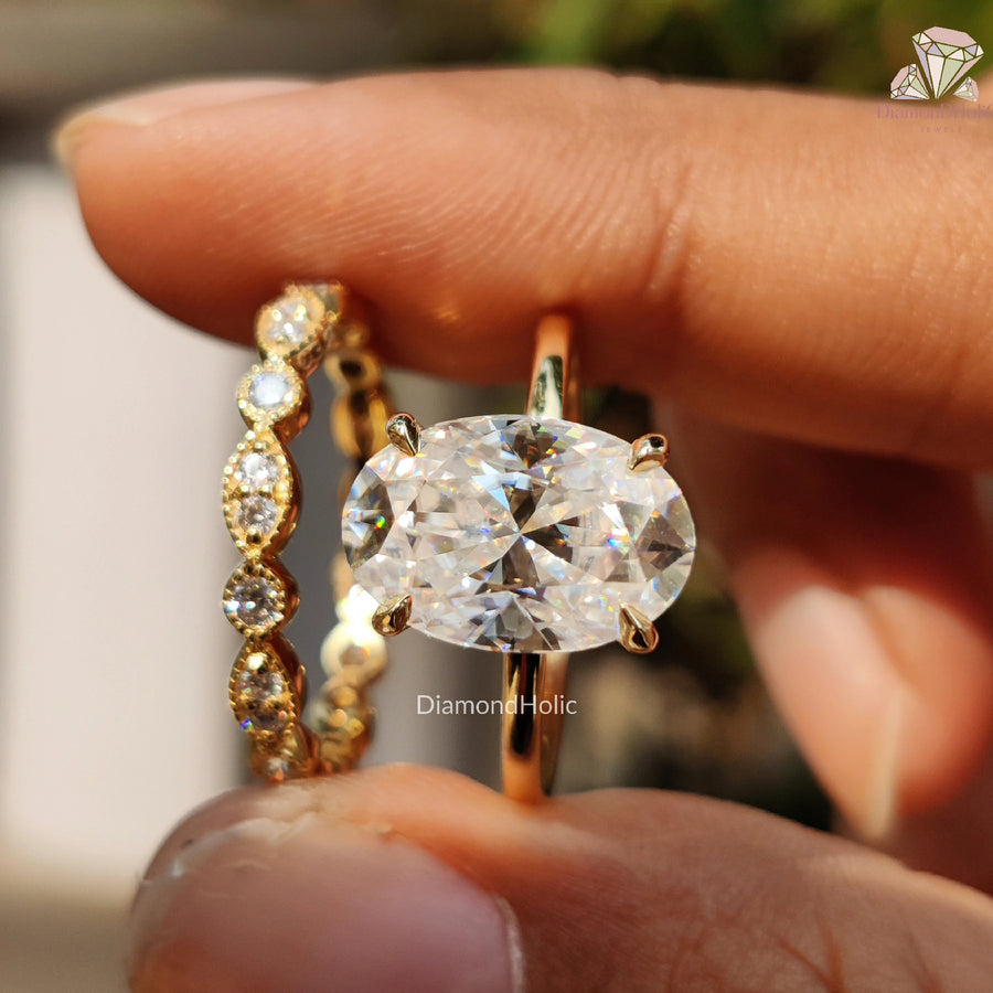 Moissanite Wedding Ring | Oval Diamond Set | Unique Bridal Band

