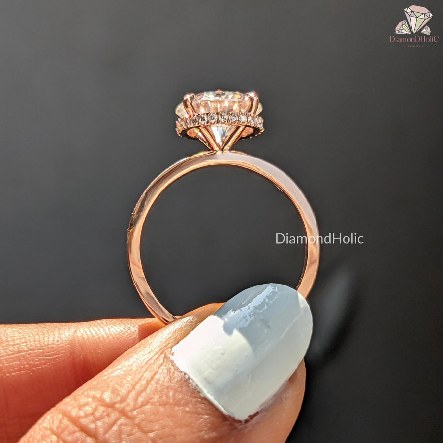 proposal engagement ring | dainty moissanite band | halo solitaire ring

