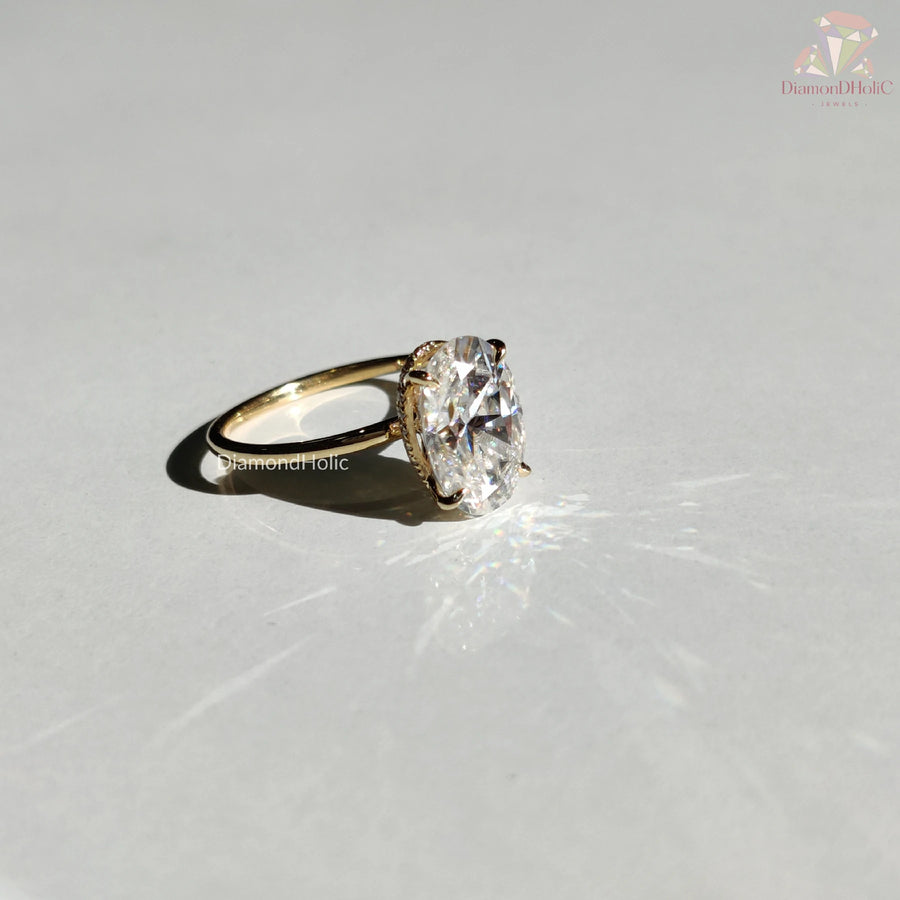oval stone gold ring | bezel hidden halo ring | handmade moissanite ring
