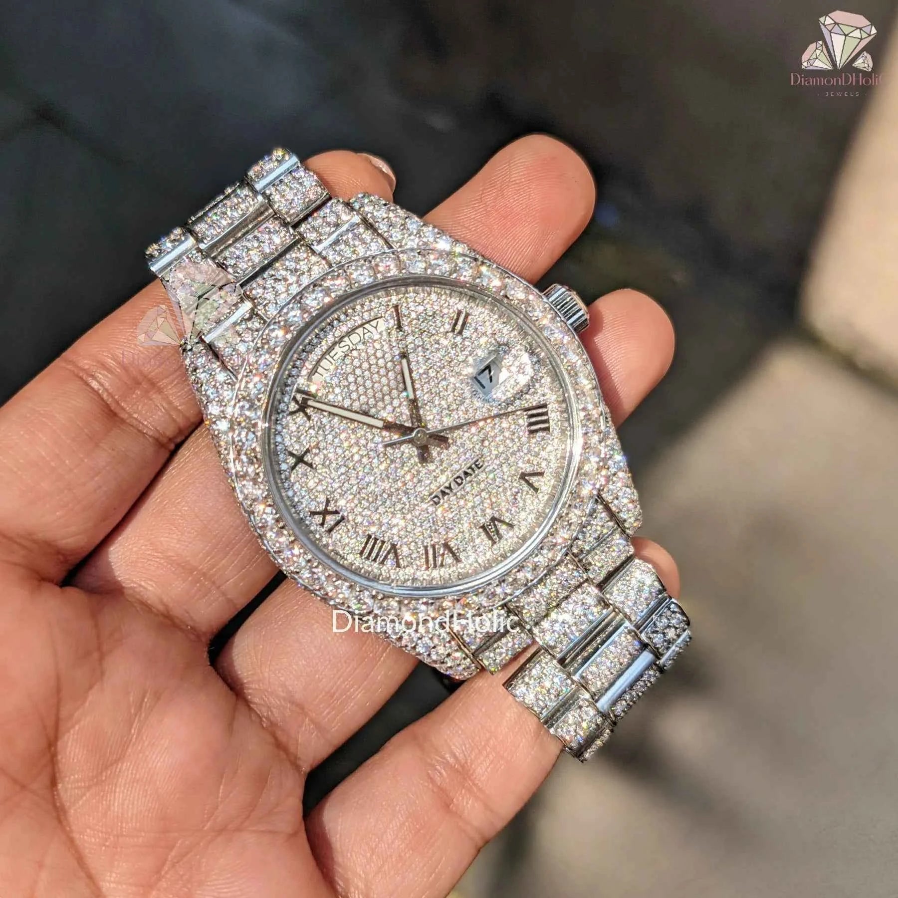 Bold Iced Out Moissanite Watch – Round Face Stainless Steel Analog for Men