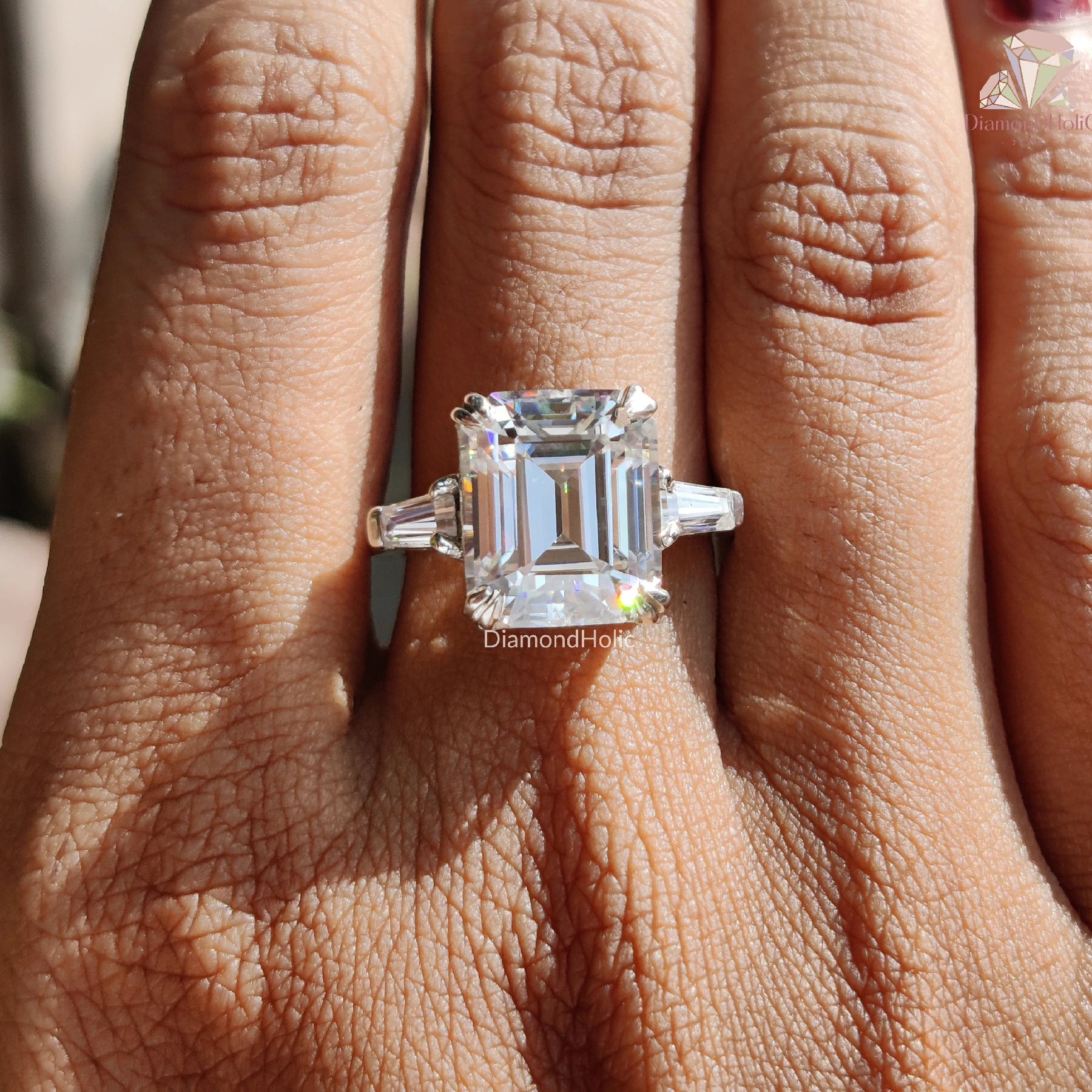 Baguette Side Stone Ring | Three Stone Moissanite Ring | Timeless Emerald Design

