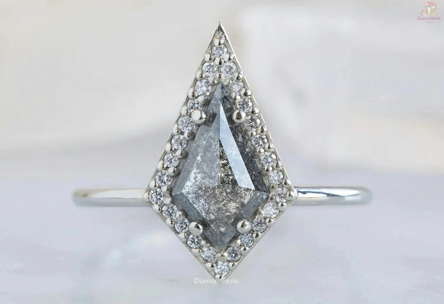 Kite Cut Halo Salt and Natural Diamond Ring Set - Matching Wedding Band With Natural Diamond