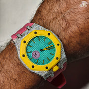 Men’s Iced Out Moissanite Watch Round Face with Two-Men’s Diamond Iced-Out Luxury Watch, Turquoise Textured Dial, Yellow Bezel, Pink Rubber Strap, Custom Hip Hop Statement WatchSteel Design
