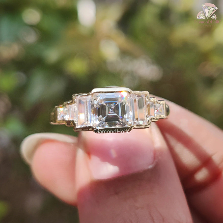 Asscher Cut Moissanite Diamond Ring – Carre Side Sparkle