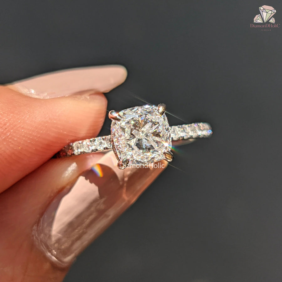 Cushion Cut Lab Grown Diamond Hidden Halo Engagement Ring